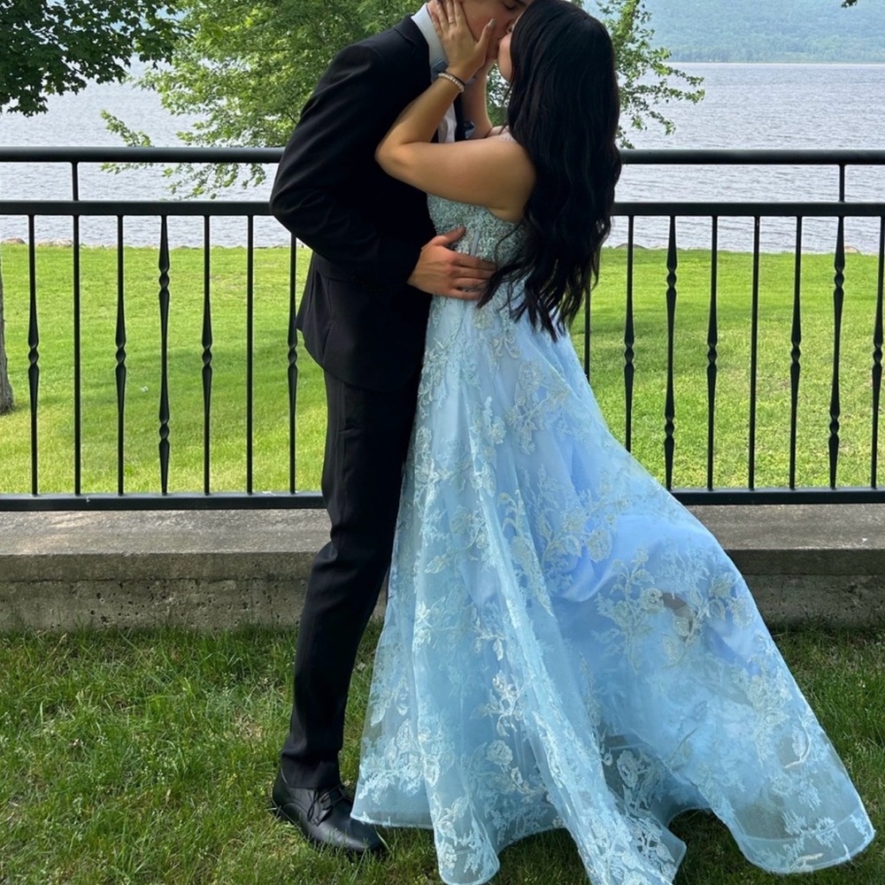 JVN by Jovani Light Blue Lace Ball Gown Prom Dress - Picture 2 of 2